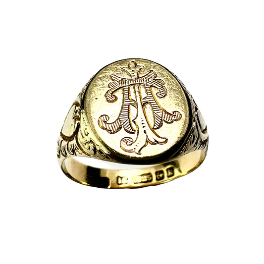 1909 Edwardian 15CT Gold Heart and Monogram Signet Ring