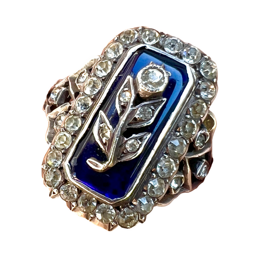 Antique Blue Enamel Gold and Silver Paste Flower Ring