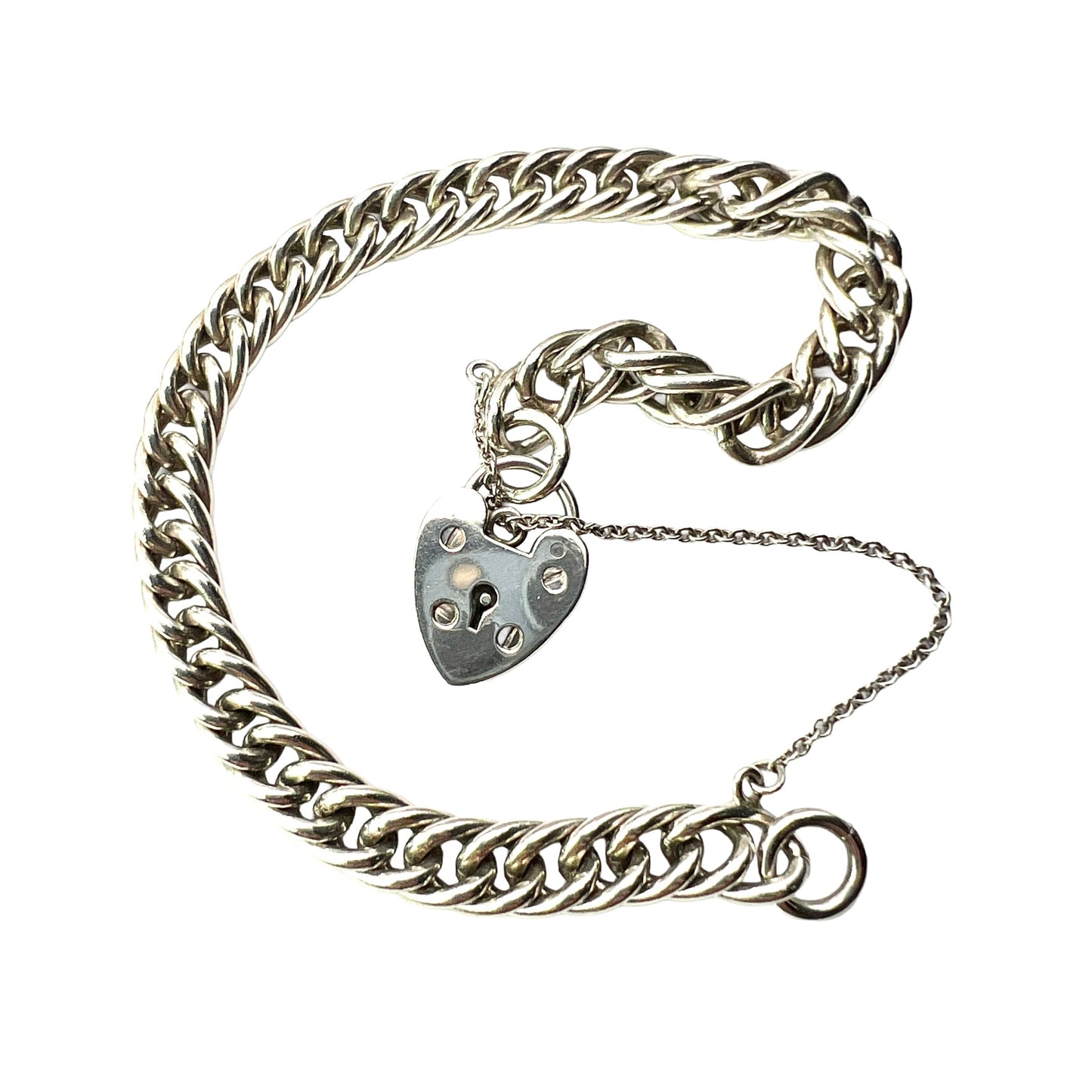 Vintage Sterling Silver Curb Chain Bracelet with Heart Padlock and Safety Chain