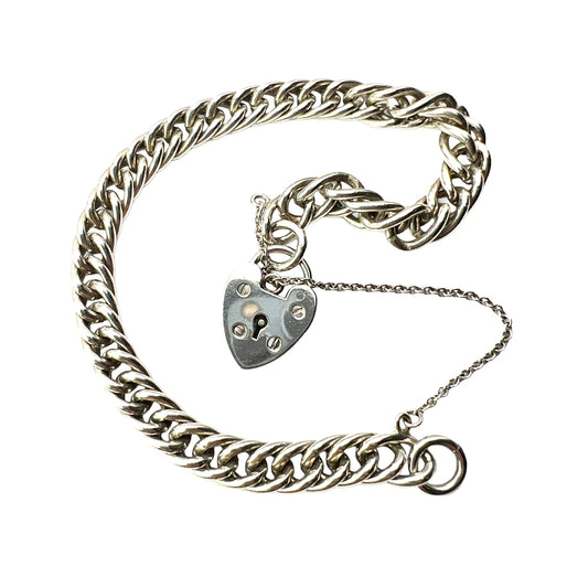 Vintage Sterling Silver Curb Chain Bracelet with Heart Padlock and Safety Chain