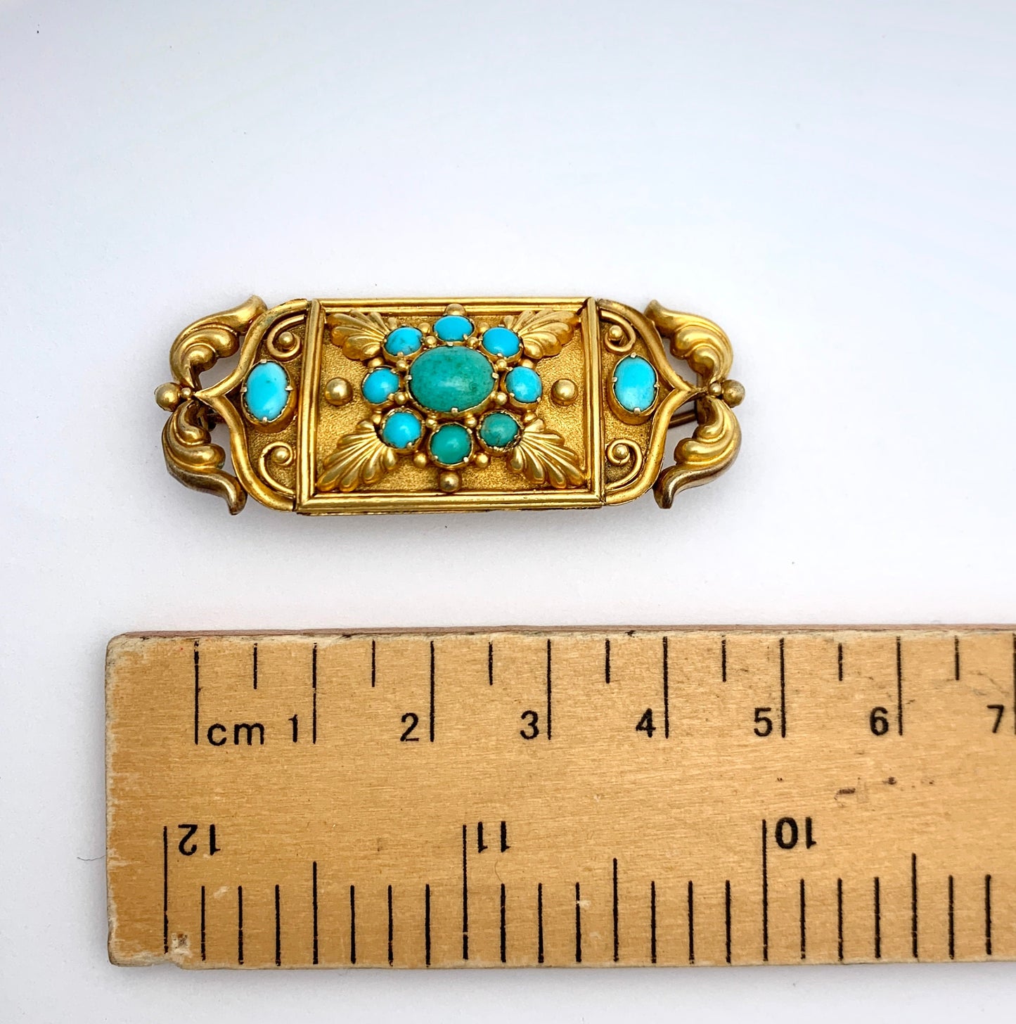 Large Victorian 15CT Gold Turquoise Etruscan Revival Brooch
