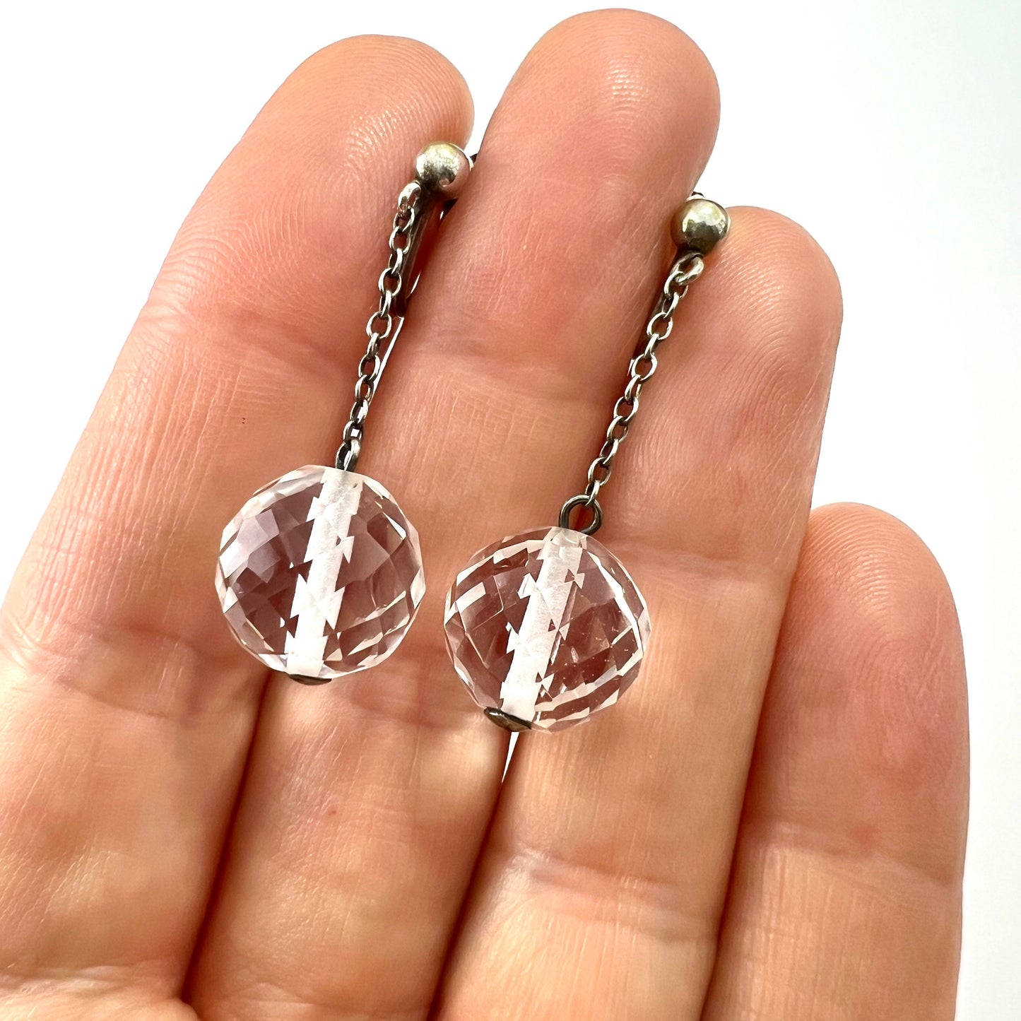Vintage Rock Crystal Silver Chain Drop Earrings