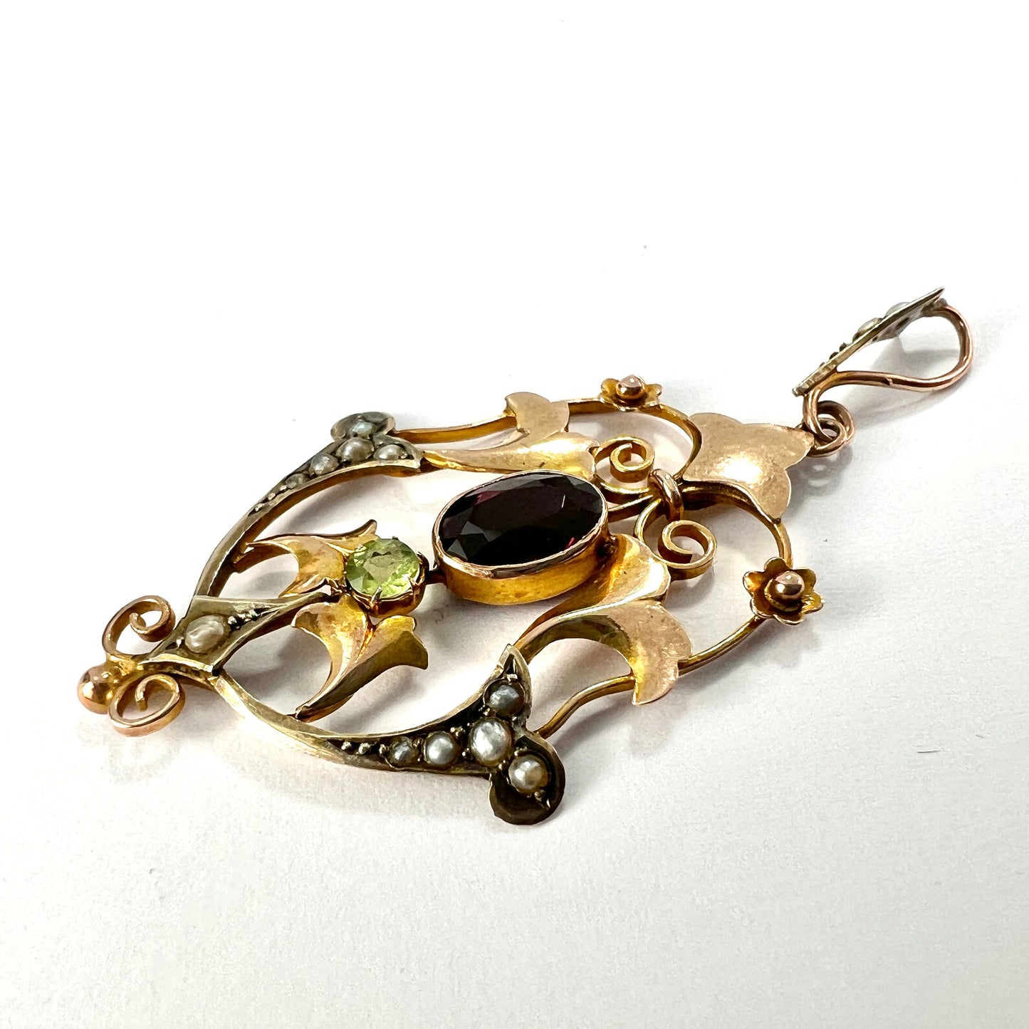 Edwardian 9CT Rose Gold Pearl Garnet Peridot Lavalier Pendant