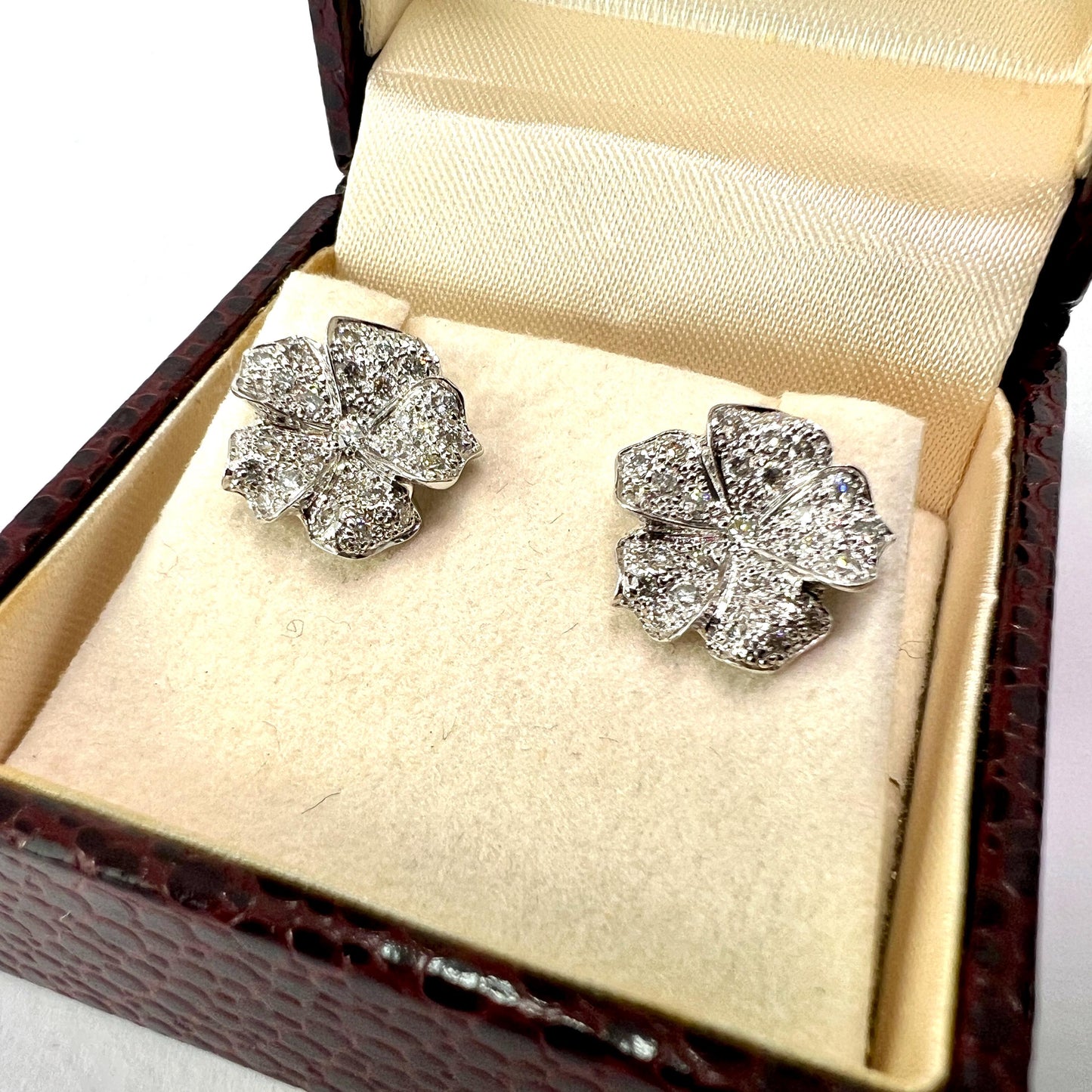 Vintage French Diamond Flower 18CT White Gold Stud Earrings