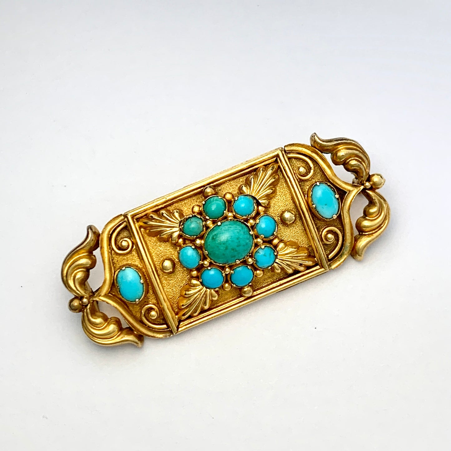 Large Victorian 15CT Gold Turquoise Etruscan Revival Brooch
