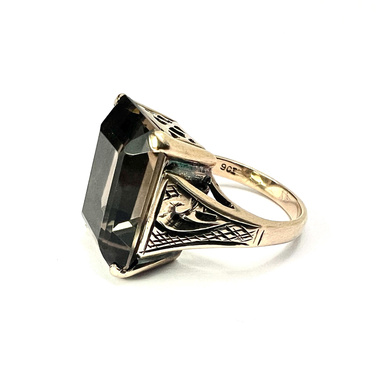 Victorian 9CT Gold Smoky Quartz Rectangular Cocktail Ring