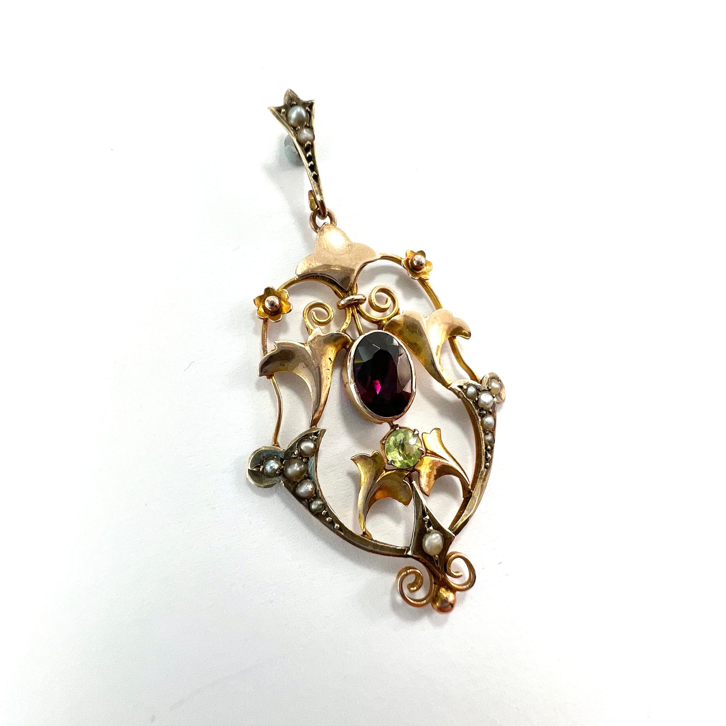 Edwardian 9CT Rose Gold Pearl Garnet Peridot Lavalier Pendant