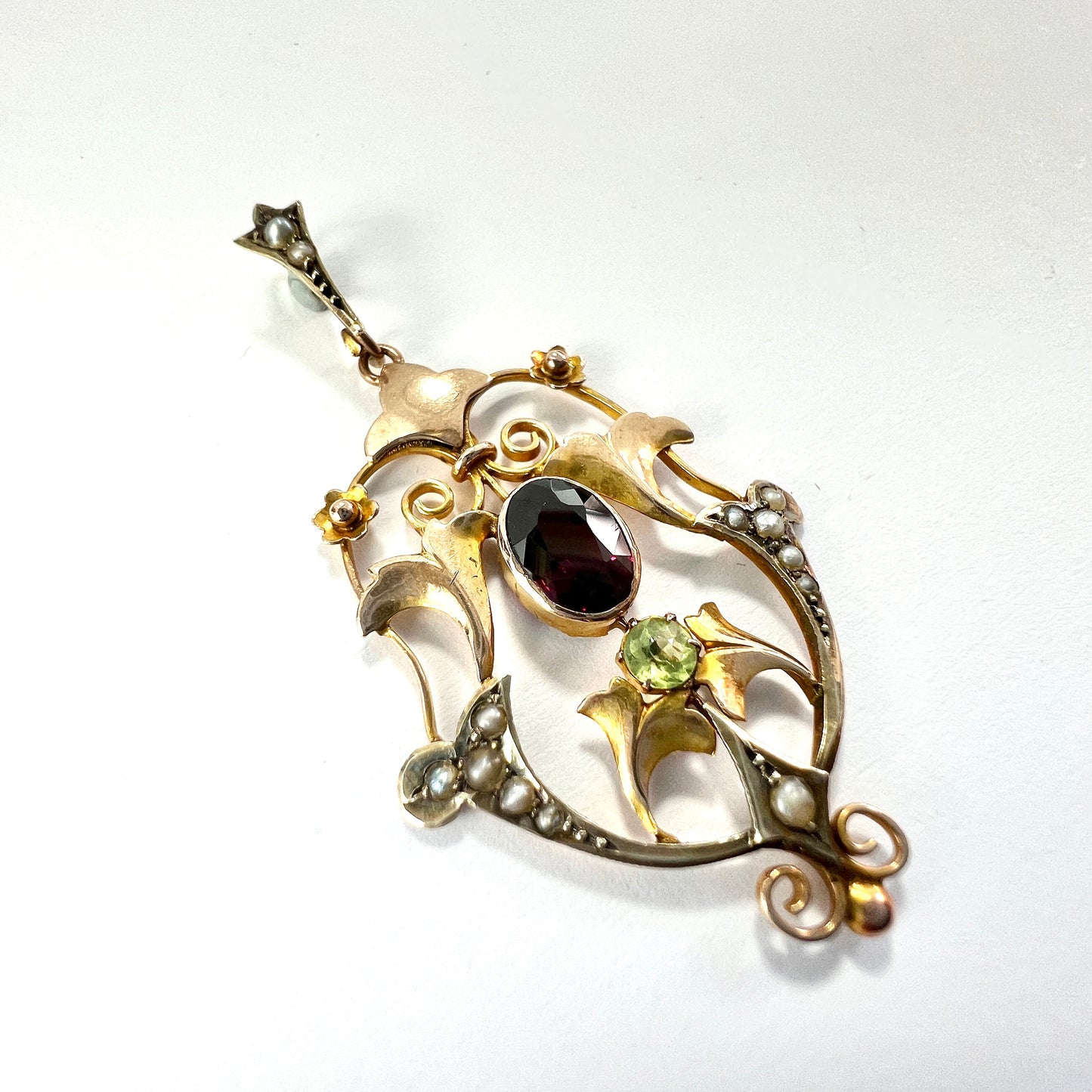 Edwardian 9CT Rose Gold Pearl Garnet Peridot Lavalier Pendant