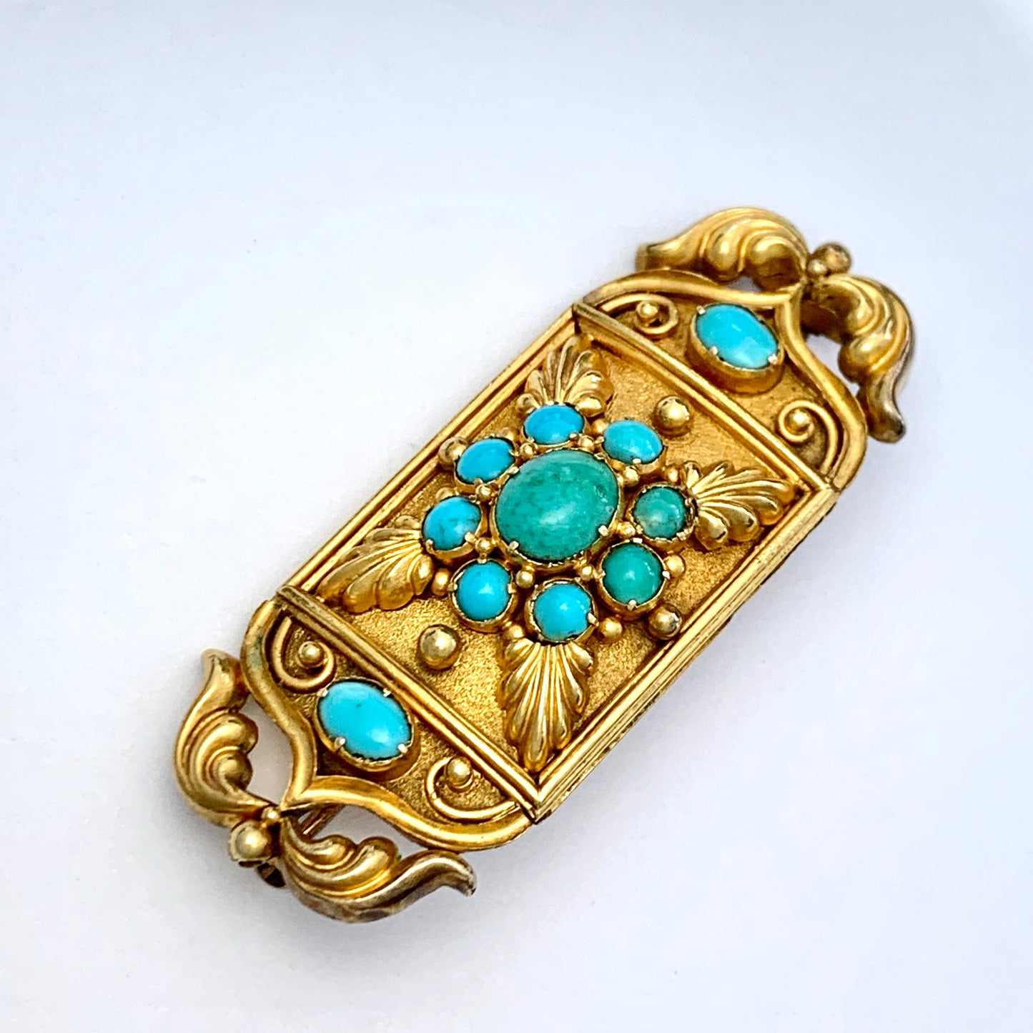 Large Victorian 15CT Gold Turquoise Etruscan Revival Brooch