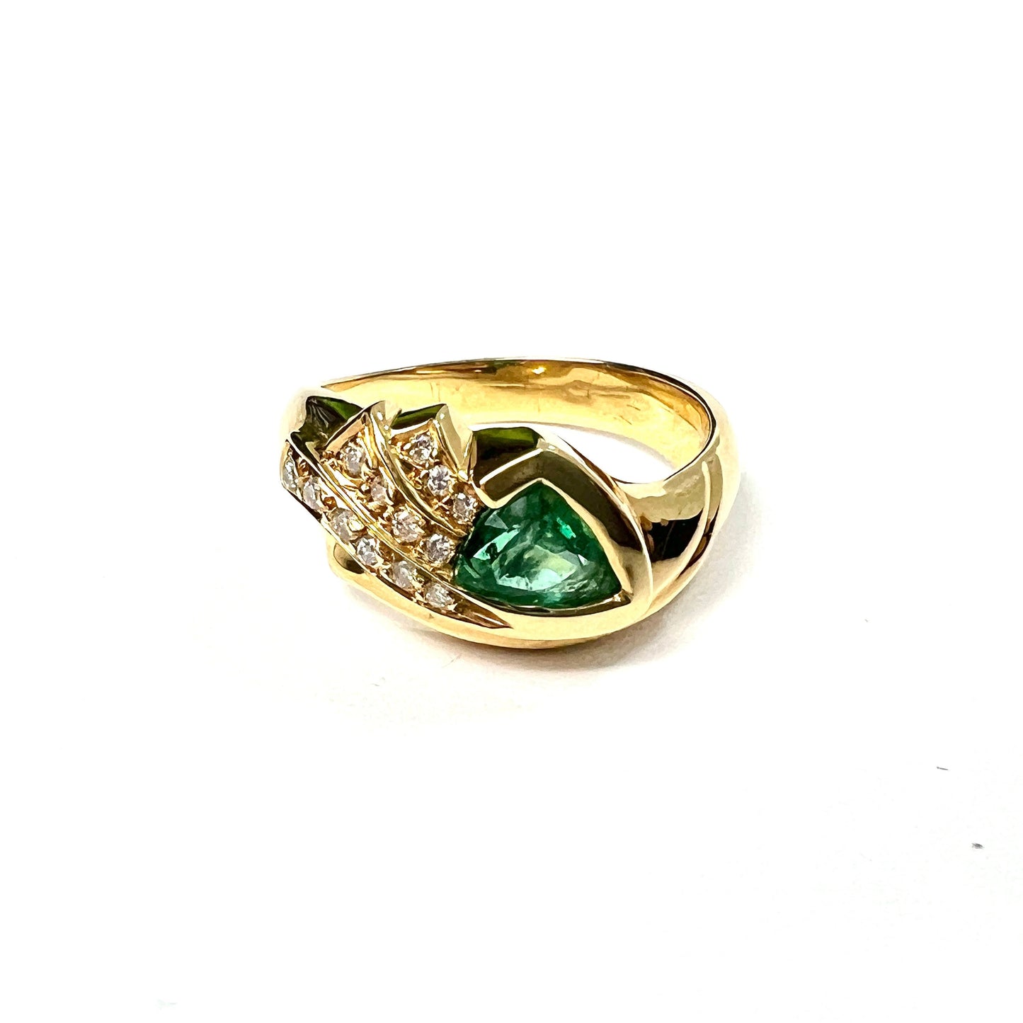 Vintage French 18CT Gold Trillion Emerald and Diamond Ring