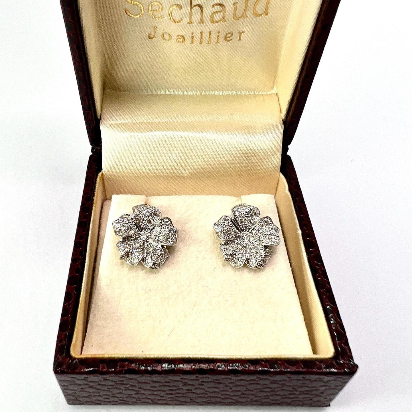 Vintage French Diamond Flower 18CT White Gold Stud Earrings