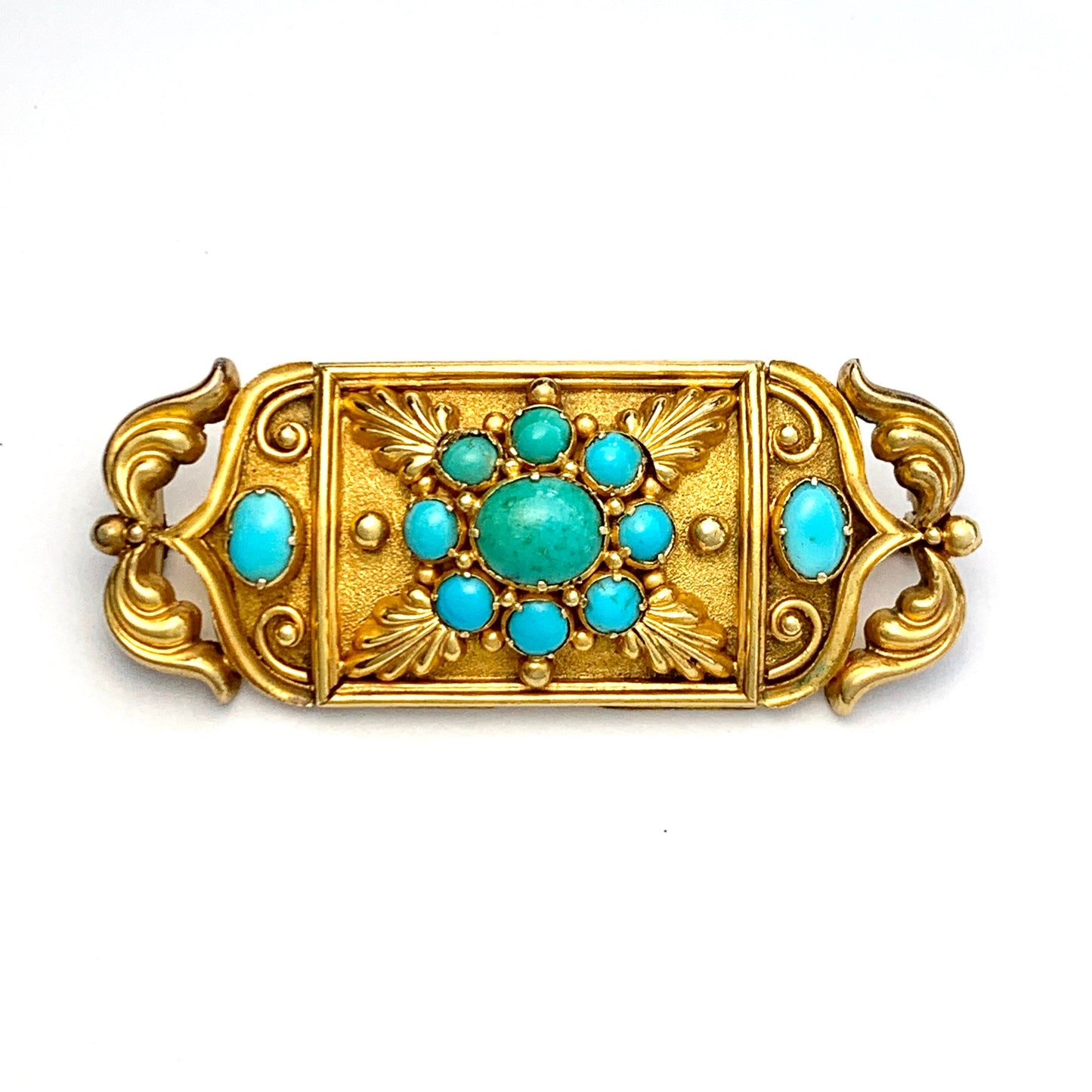 Large Victorian 15CT Gold Turquoise Etruscan Revival Brooch