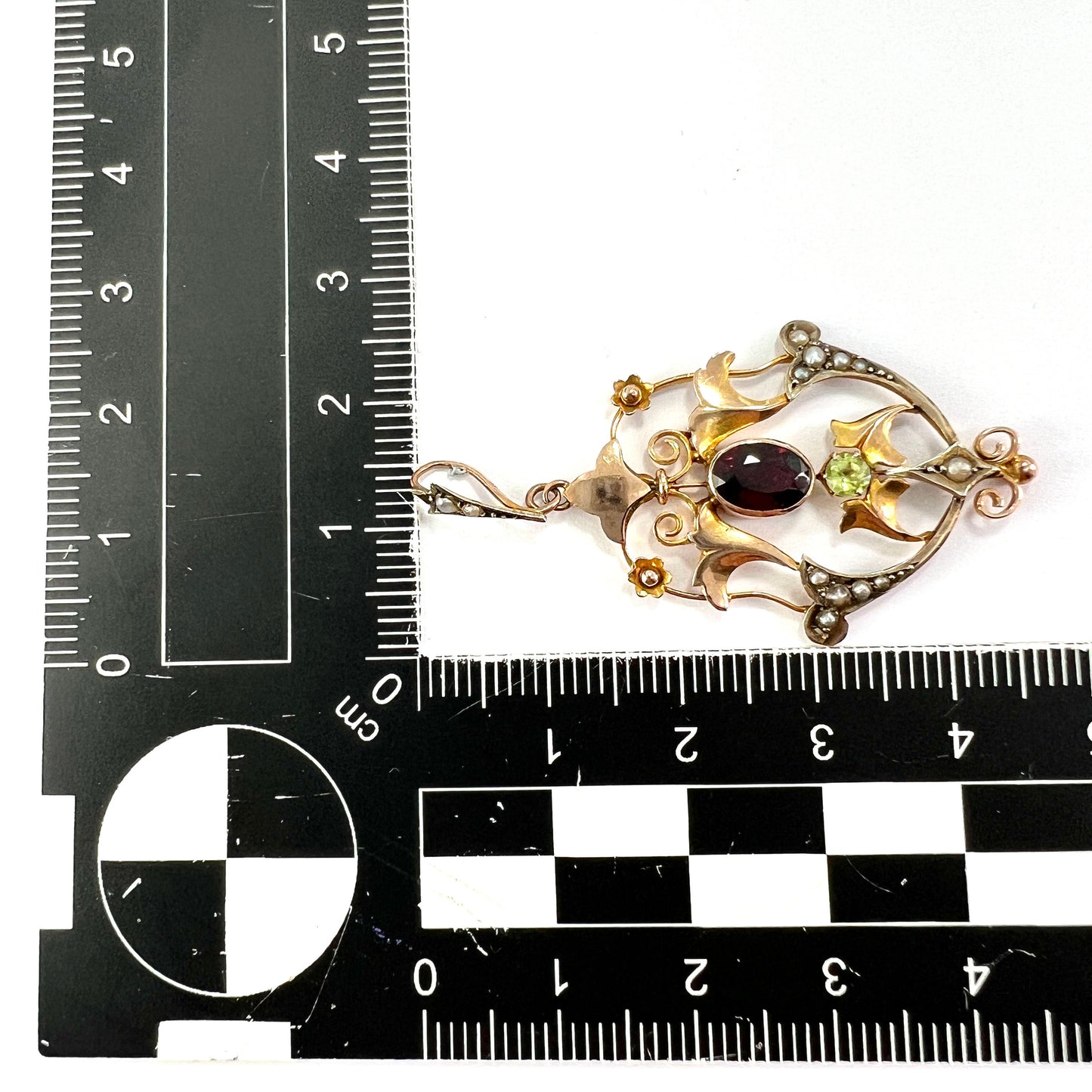 Edwardian 9CT Rose Gold Pearl Garnet Peridot Lavalier Pendant