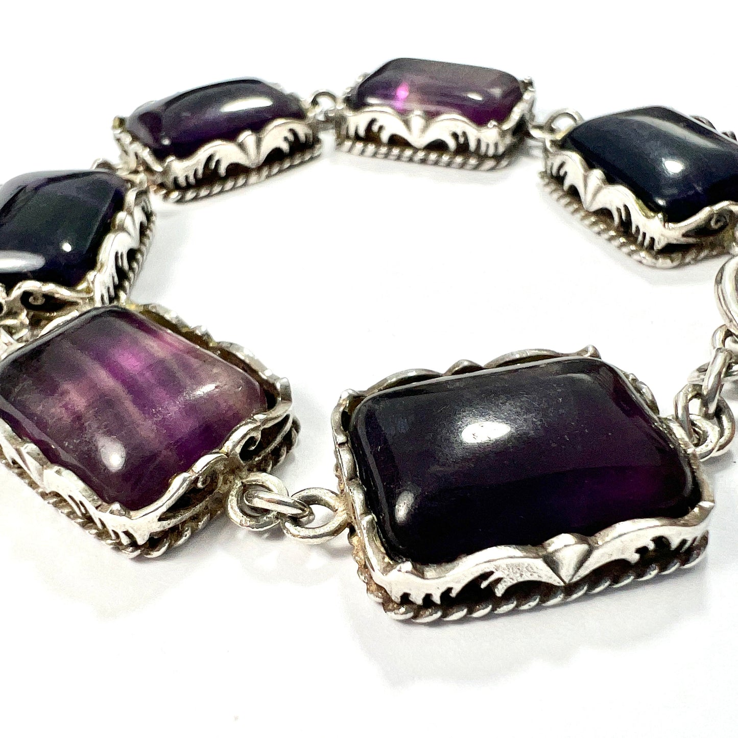 Vintage Chunky Fluorite Silver Panel Bracelet