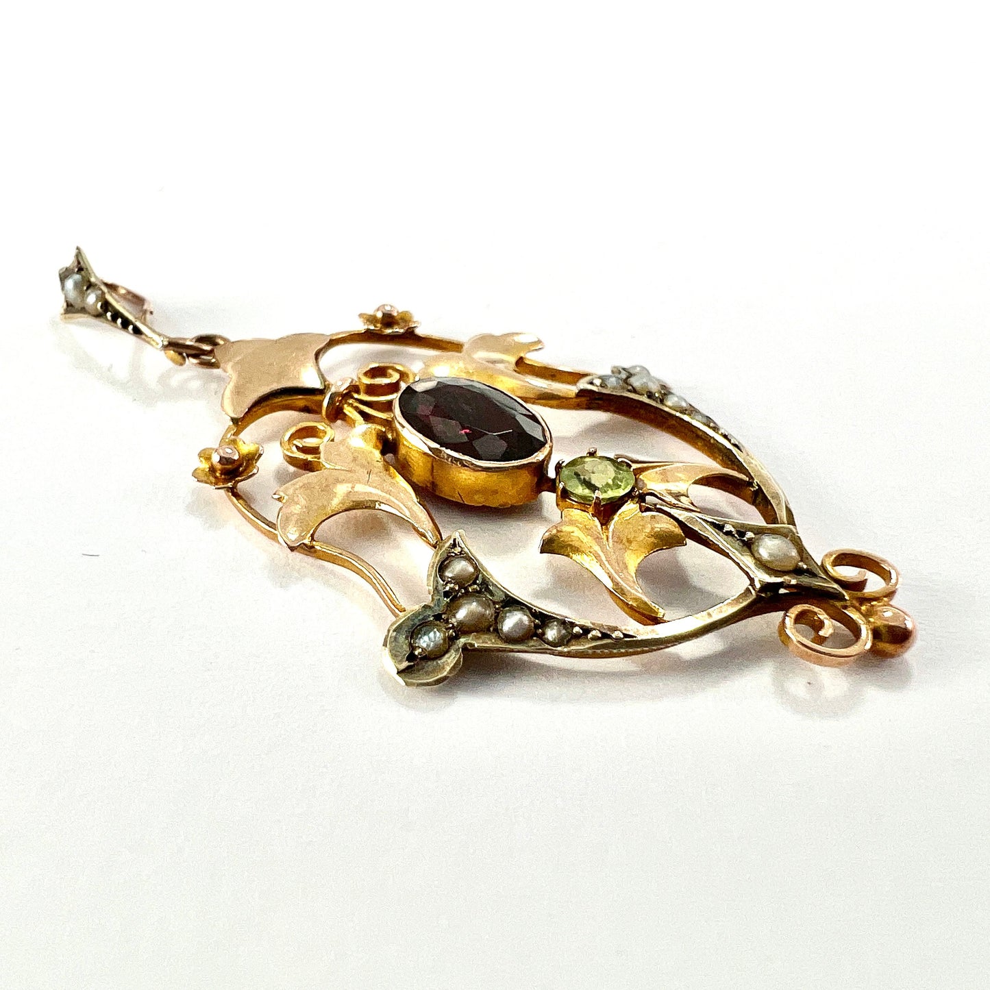 Edwardian 9CT Rose Gold Pearl Garnet Peridot Lavalier Pendant