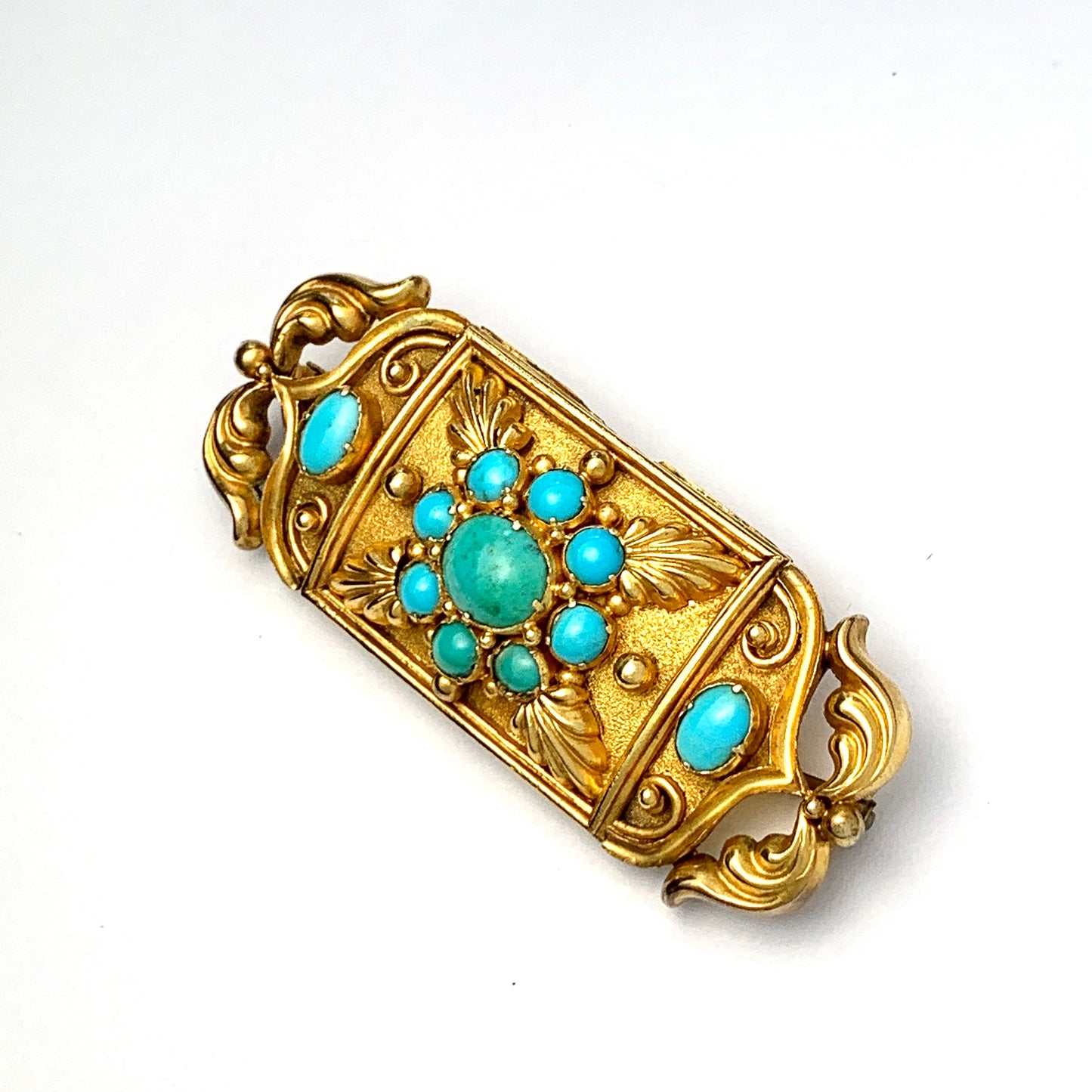 Large Victorian 15CT Gold Turquoise Etruscan Revival Brooch