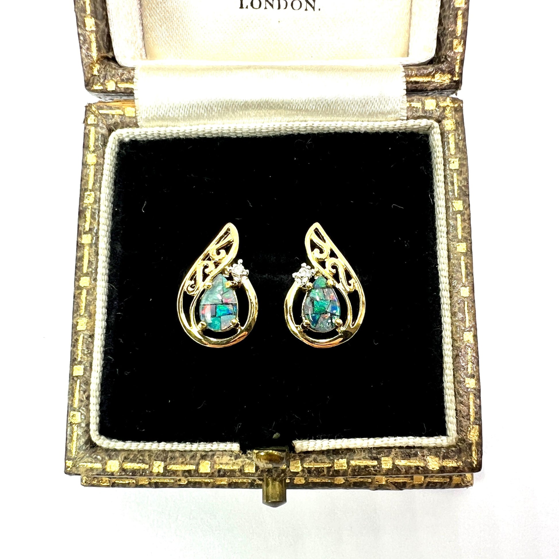 Vintage Diamond Opal Mosaic Solid 9CT Gold Teardrop Stud Earrings