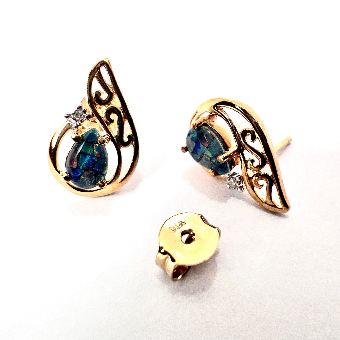 Vintage Diamond Opal Mosaic Solid 9CT Gold Teardrop Stud Earrings