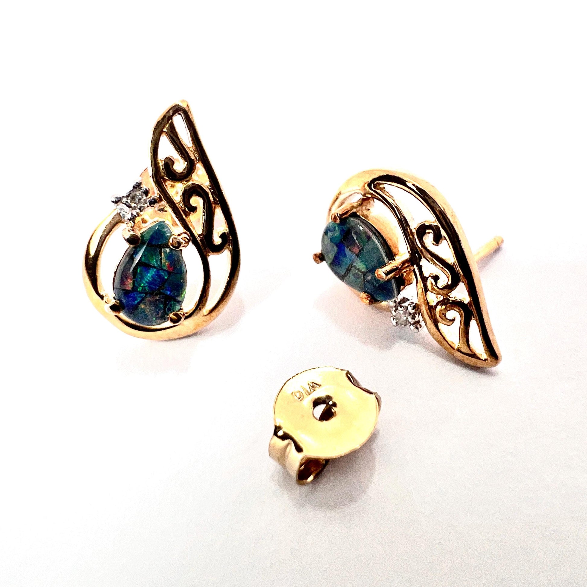Vintage Diamond Opal Mosaic Solid 9CT Gold Teardrop Stud Earrings