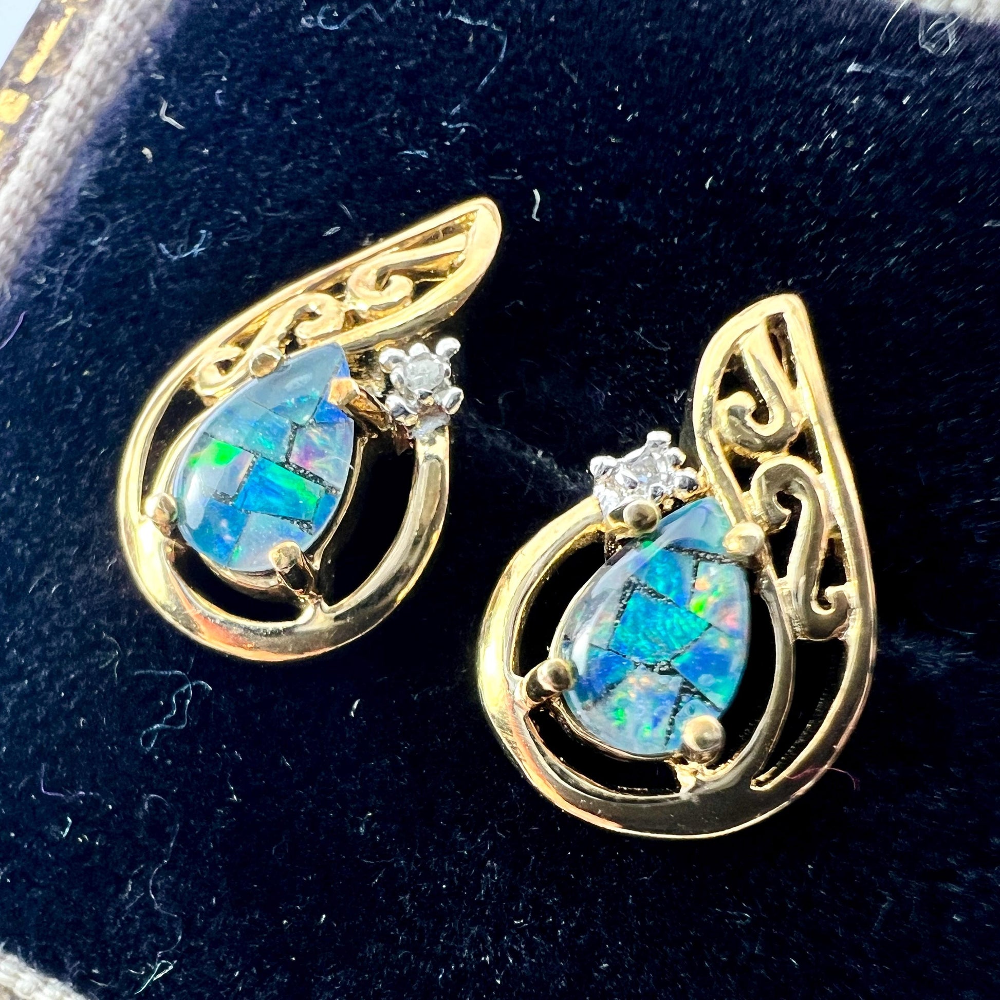 Vintage Diamond Opal Mosaic Solid 9CT Gold Teardrop Stud Earrings