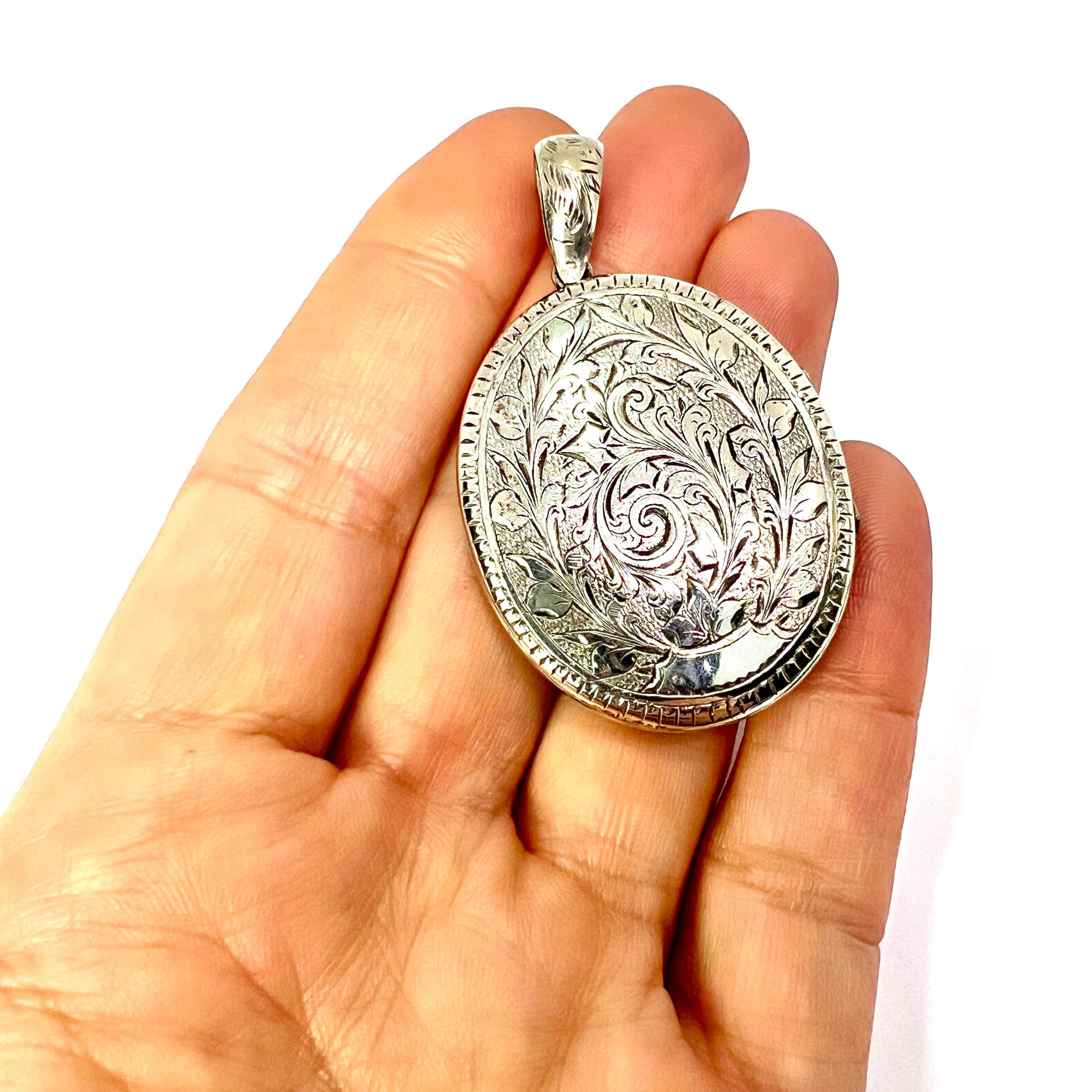 Large Antique Victorian Engraved Silver Locket Pendant