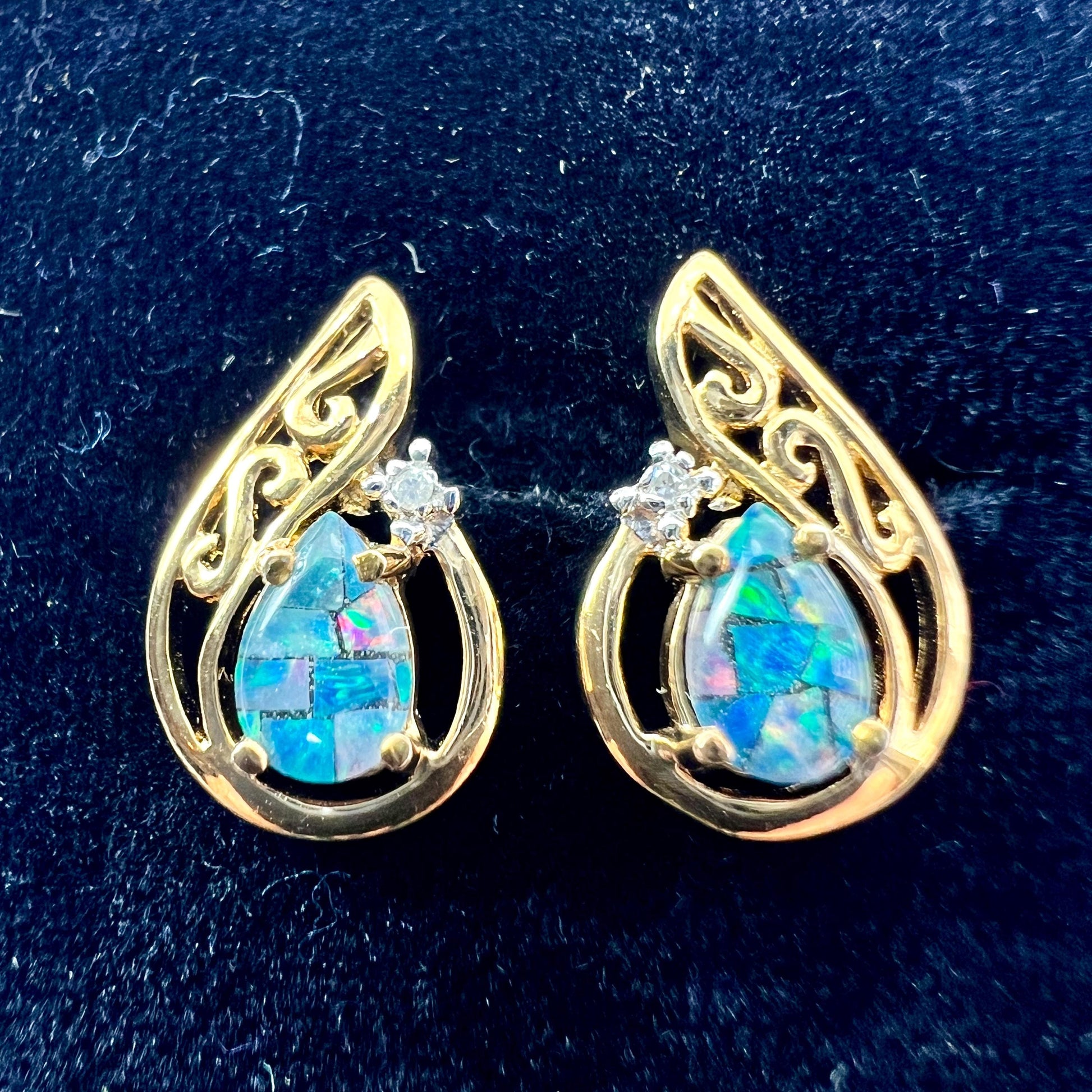 Vintage Diamond Opal Mosaic Solid 9CT Gold Teardrop Stud Earrings