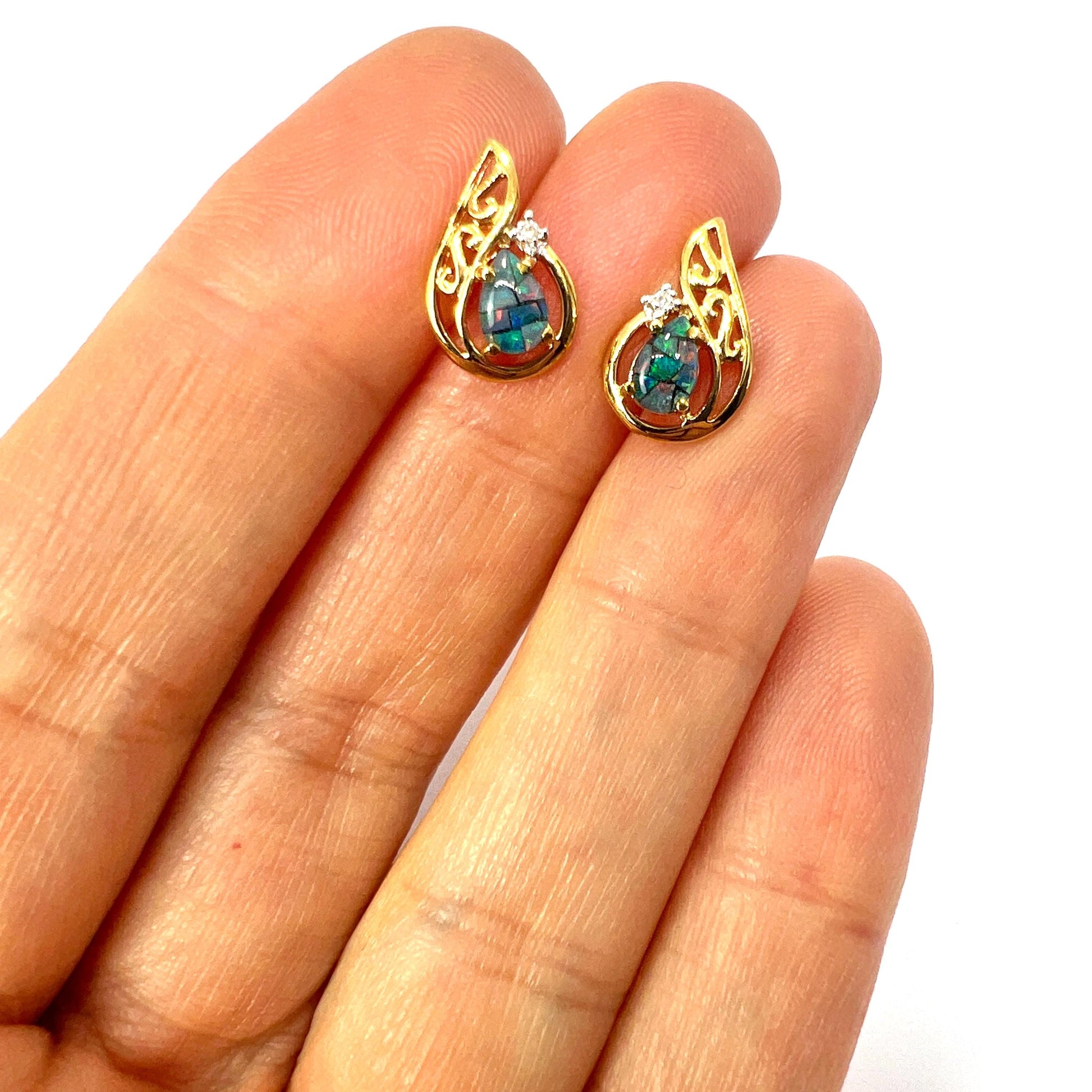 Vintage Diamond Opal Mosaic Solid 9CT Gold Teardrop Stud Earrings