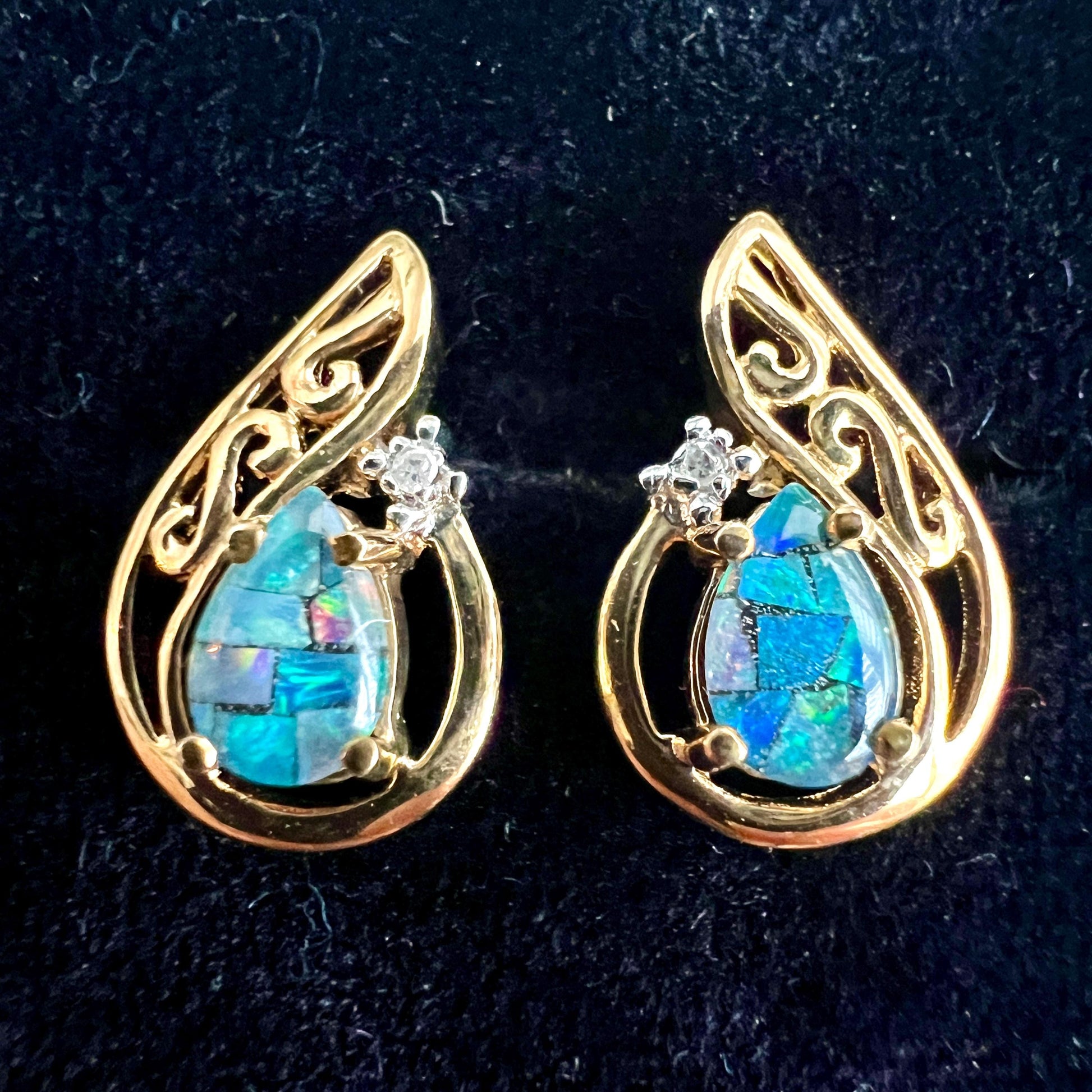 Vintage Diamond Opal Mosaic Solid 9CT Gold Teardrop Stud Earrings